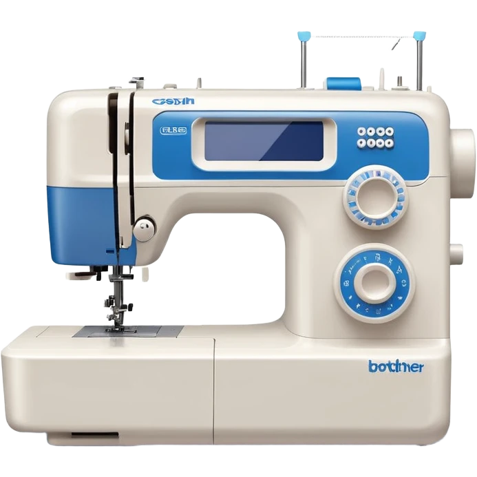 Modern Brother-style computerized sewing machine emoji, white and light gray with a blue thread spool, small LCD screen and round dial, three-quarter view, soft gradients and shadows in Apple emoji style, plain light background. emoji
