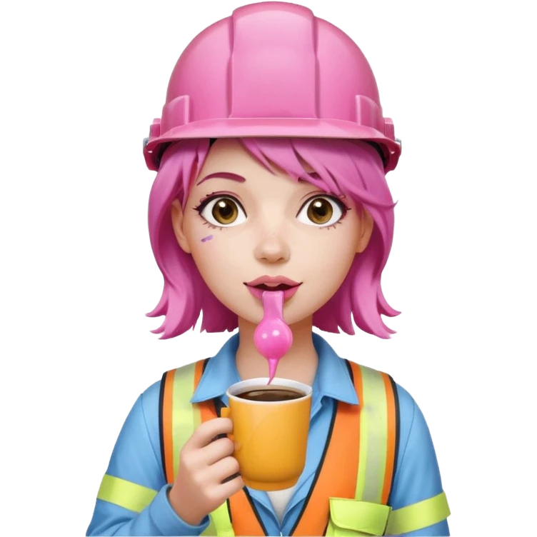 сделай молодую девушку с розовыми волосами, накрашенную красиво, с стаканчиком кофе, в каске, и во рту у нее пузырь из жвачки розовый emoji
