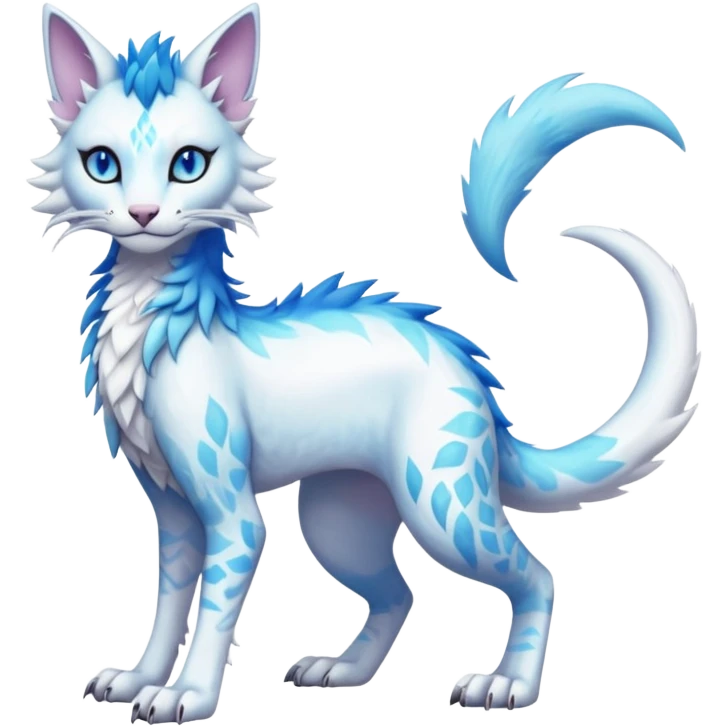 Kawaii white iridescent edgy fantasy feline-vernid-sergal-fursona animal creature with a tufted tail full body with intricate markings  emoji