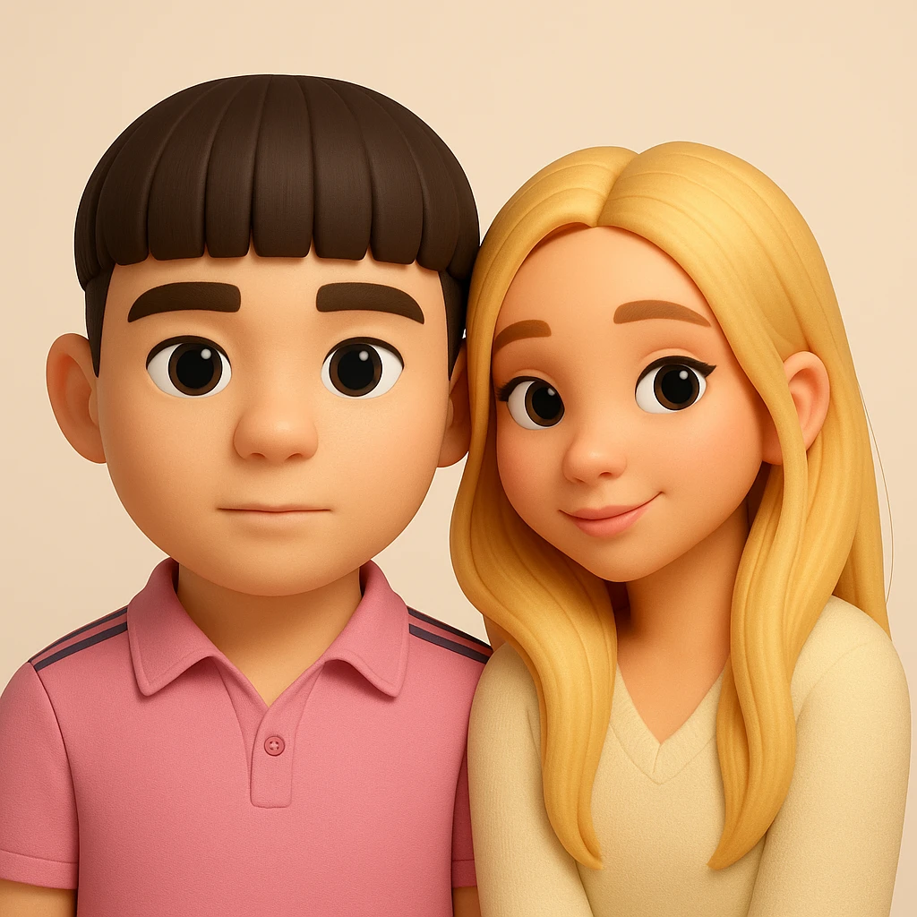 Create a unified, consistent 3D emoji style image of both people together. They should look harmonious, with realistic details and a high quality look, resembling a Microsoft style 3D fluent emoji. emoji