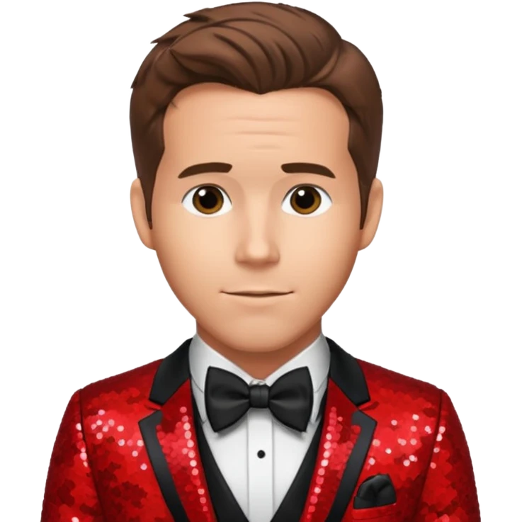 Ryan Reynolds with brown hair, red sequin suit with bow tie emoji
