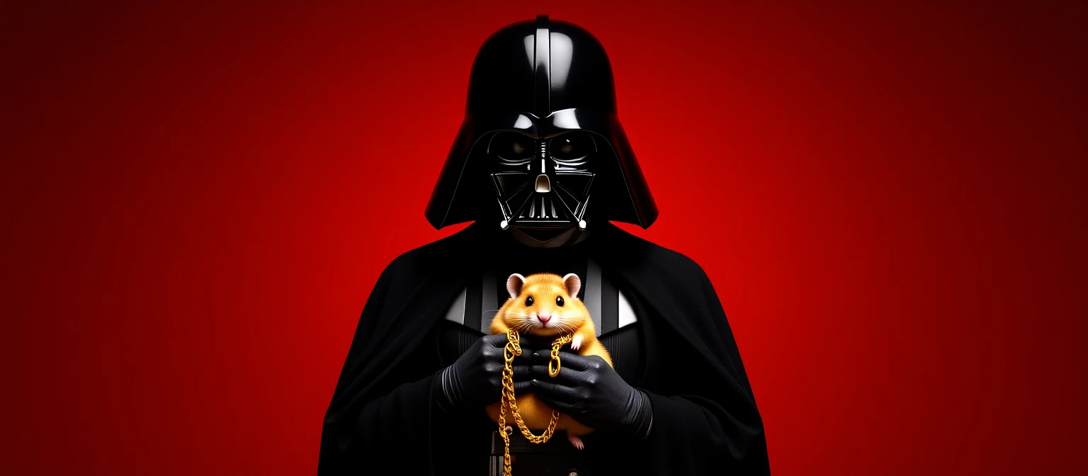 Extreme Closeup Photo of a darth vader holding big hamster with golden chain, low key light, red solid background with leading lines, back light, spot light emoji