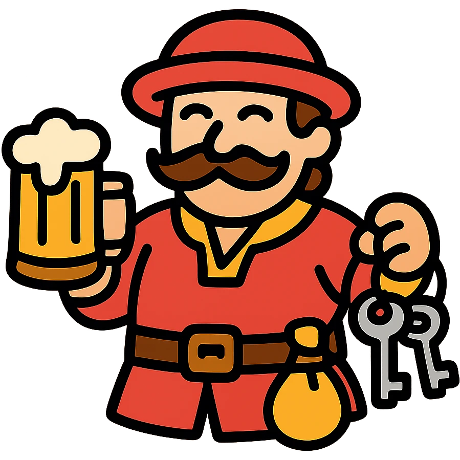 Fantasy tavern owner with red outfit, holding mug and keys to the establishment. RPG innkeeper with money pouch. emoji