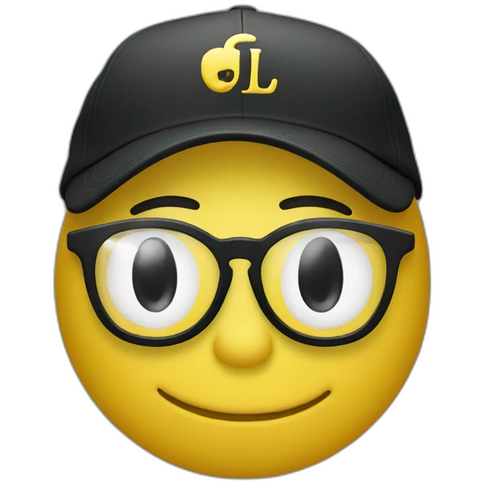 Yellow emoji with transparent glasses in a black cap with the yellow letters "JL" on the cap emoji