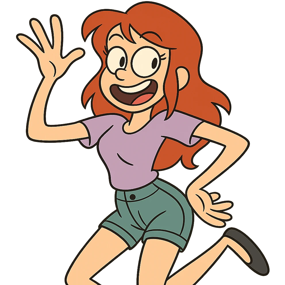 red-haired girl in a playful pose, cartoonish and exaggerated emoji