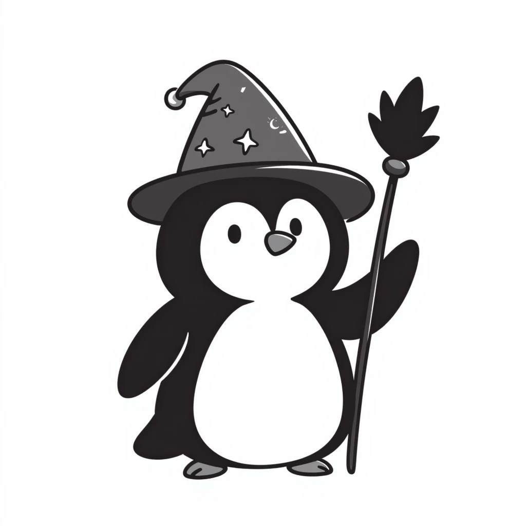 Penguin wizard with pointed hat and magic staff emoji