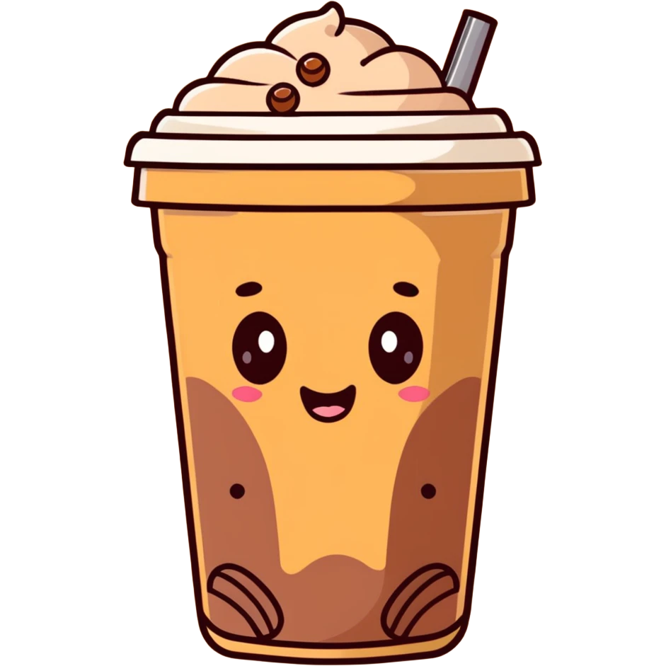 brown milk tea with a happy expression and boba pearls, soft mocha pastel tones, kawaii emoji