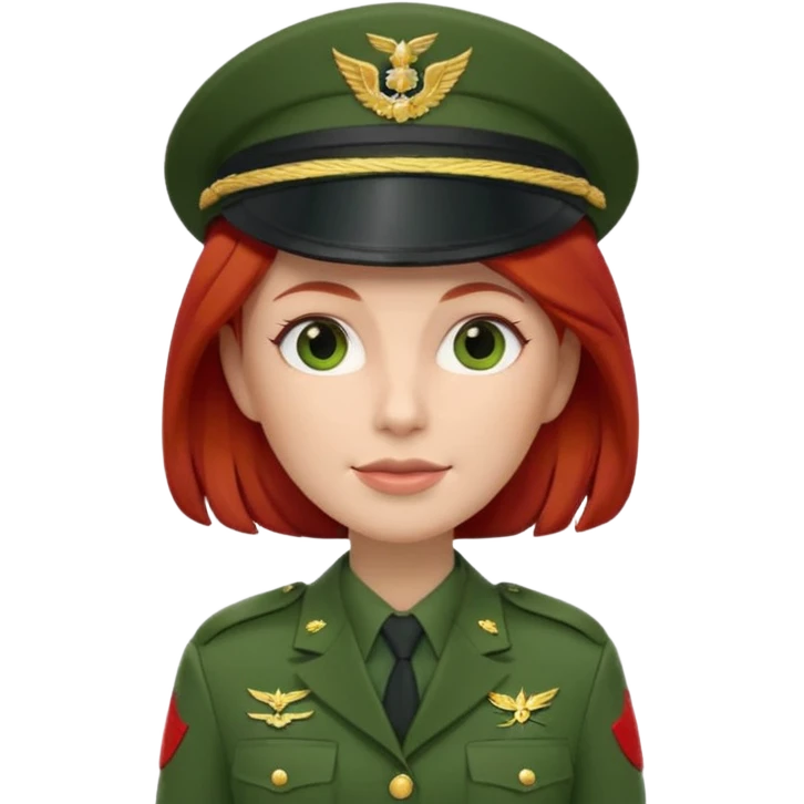 iOS Memoji style, white woman, red hair, green military officer uniform, peaked cap, 3D render, white background. emoji