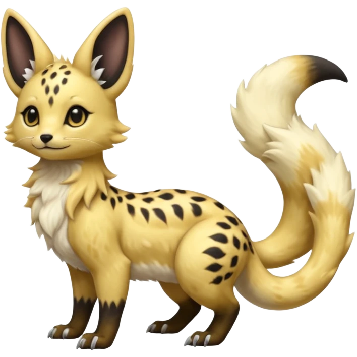 Shiny whitish golden brown fluffy furry hyper realistic lifelike beautiful pretty soft beige Goldilocks cream-colored Celestial Salandit-Umbreon-Genet-Noivern-Noibat-Serval-Hybrid (Full body) emoji