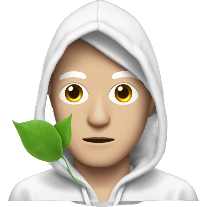 Shady white man with pink eye holding a clear plastic bag with leaves with a hood up emoji