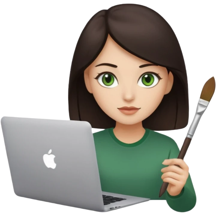 happy Graphic designer whit a MacBook, him eyes green color and dark brown hair, he is paint artist emoji