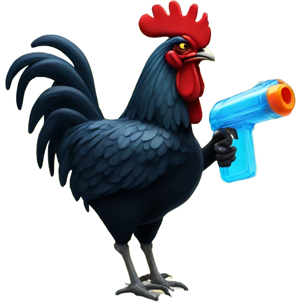 Big black rooster carrying a water gun emoji