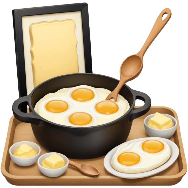 A carton of eggs, butter and a cream ceramic baking bowl with a wooden spoon in it emoji