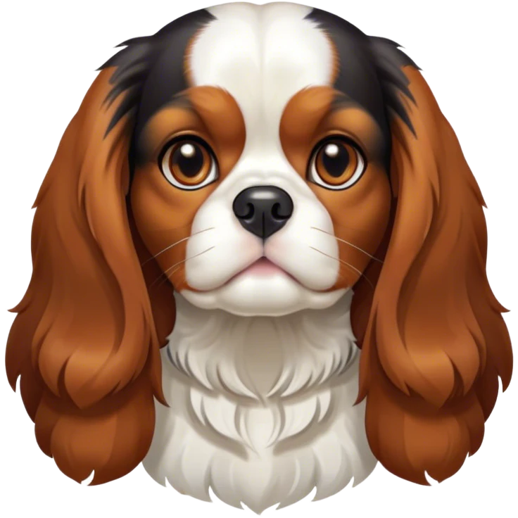 Cinematic Noble Tri-Colour Cavalier King Charles Spaniel Portrait Emoji, Poised and regal, with a graceful, medium build and a well-groomed tri-colour coat featuring rich black, white, and tan markings, soulful brown eyes, Simplified yet sharp and sophisticated features, highly detailed, glowing with a soft, dignified glow, high shine, intelligent and affectionate, stylized with an air of elegance, focused and attentive, soft glowing outline, capturing the essence of a watchful and refined companion, so majestic it feels as though it could step out of the screen with effortless authority! emoji