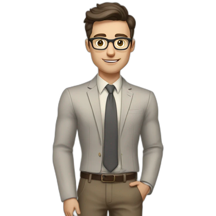 Pale skinned fit man with dark brown hair in gray jacket, beige office shirt, brown tie, brown pants and vintage glasses Writing text on the flipchart emoji