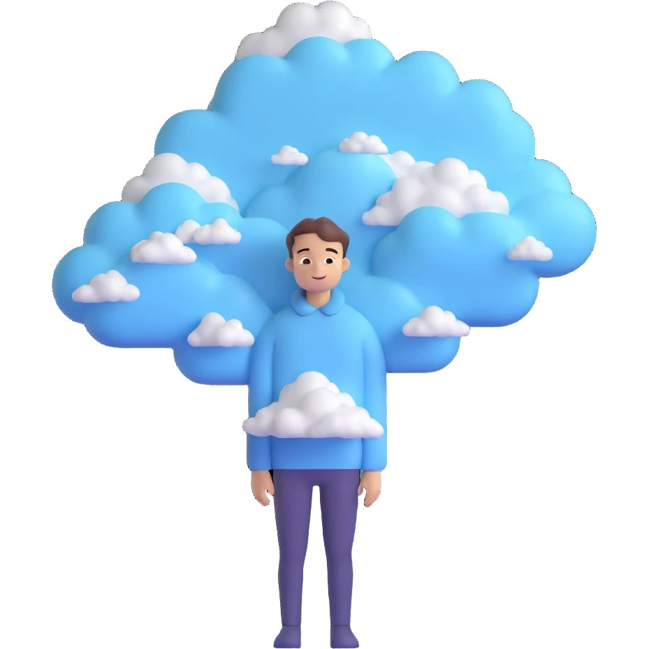 person composed entirely of clouds up to the shoulders, clouds form the silhouette, 3D emoji style emoji