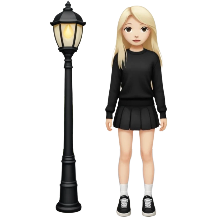 девушка с русыми длинными волосами,  в черной короткой юбке и вязаной черной кофте с дырками, в белых кедах рядом с фонарным столбом emoji