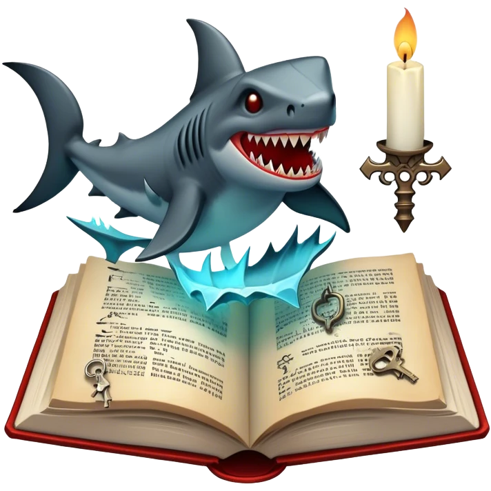 Icon for Horror & Mystery Reading: an open book with eerie glowing symbols, from which rise Dracula with fangs, flying bats, a zombie hand, and a lurking shark with sharp teeth. Surrounding elements include a flickering candle and an old key. Transparent background. emoji