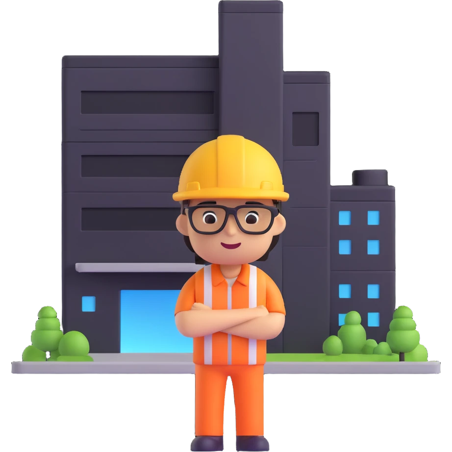 technical architect emoji, standing by a digital building model, confident expression emoji