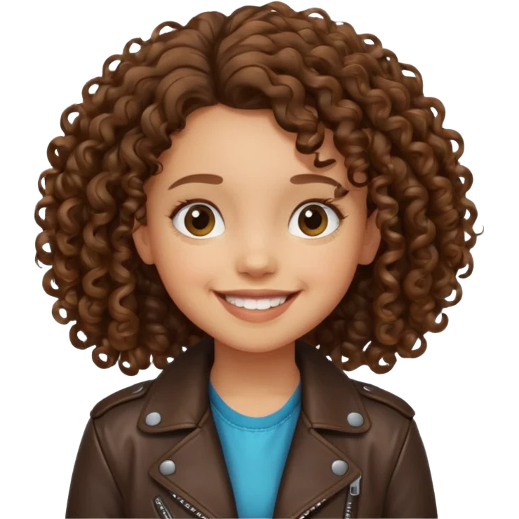 girl kid curly brown hair wear leather jacket, smile happy emoji