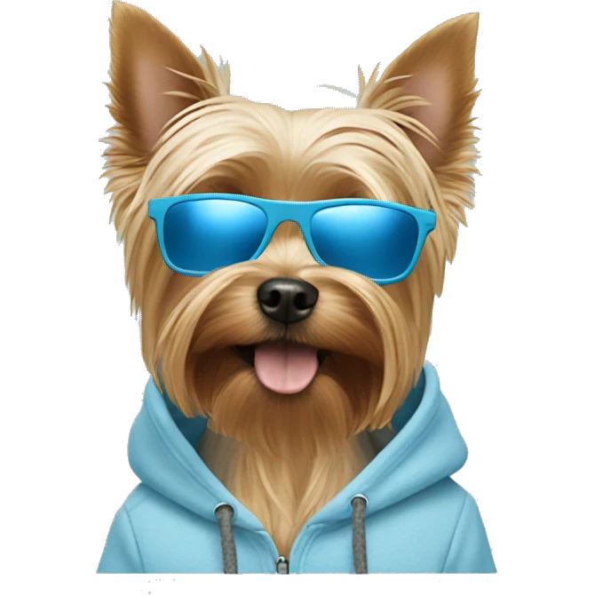 Yorkshire terrier dog with a pastel blue hoodie and pastel blue sunglasses emoji