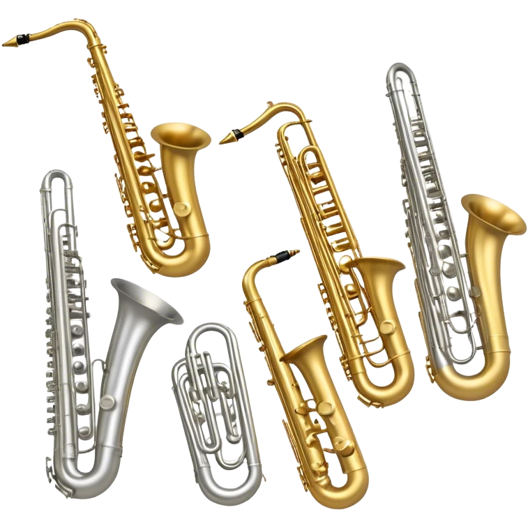 Create a professional, harmonious emoji collage symbolizing wind instruments.  The instruments should be in metallic gold, silver, and brass tones, with subtle reflections to convey a professional and polished appearance. Add soft musical notes or soundwaves to surround the instruments, creating a sense of movement and sound. The background should be transparent, ensuring all instruments are the focus and the composition remains harmonious and balanced. emoji