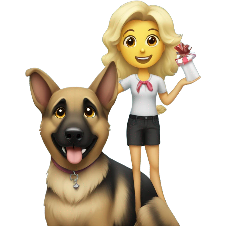 Blonde and black German shepherd with a sign that says Happy Birthday To Me emoji