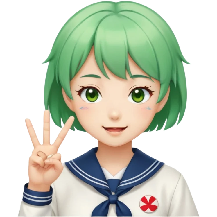 Energetic anime girl with short green hair wearing Japanese sailor style school uniform, winking and making double peace signs, very cheerful and bubbly, kawaii style emoji