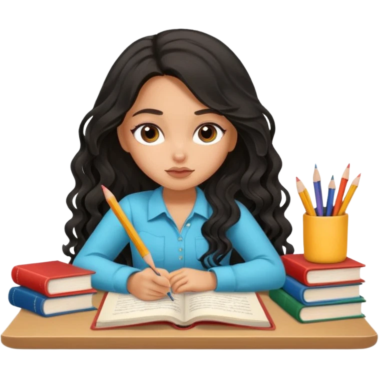 a pretty tan bratz girl with black wavy long hair studying. Pile of books on the table. No glasses. Looks tired emoji