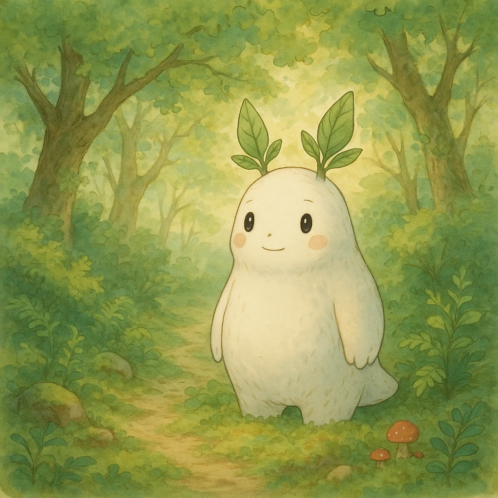 whimsical forest spirit with soft colors and gentle expression in ghibli style emoji