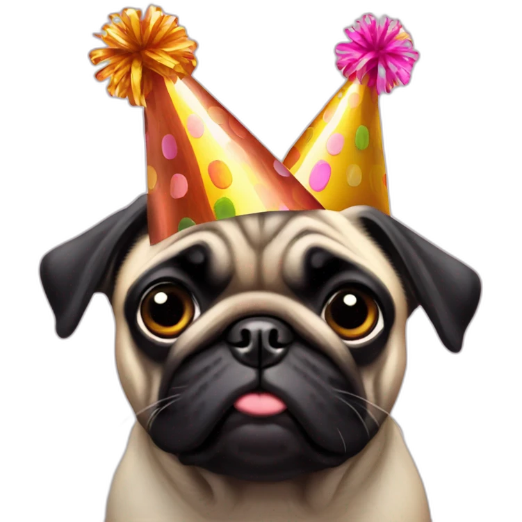 pug and black pug wearing birthday hat emoji