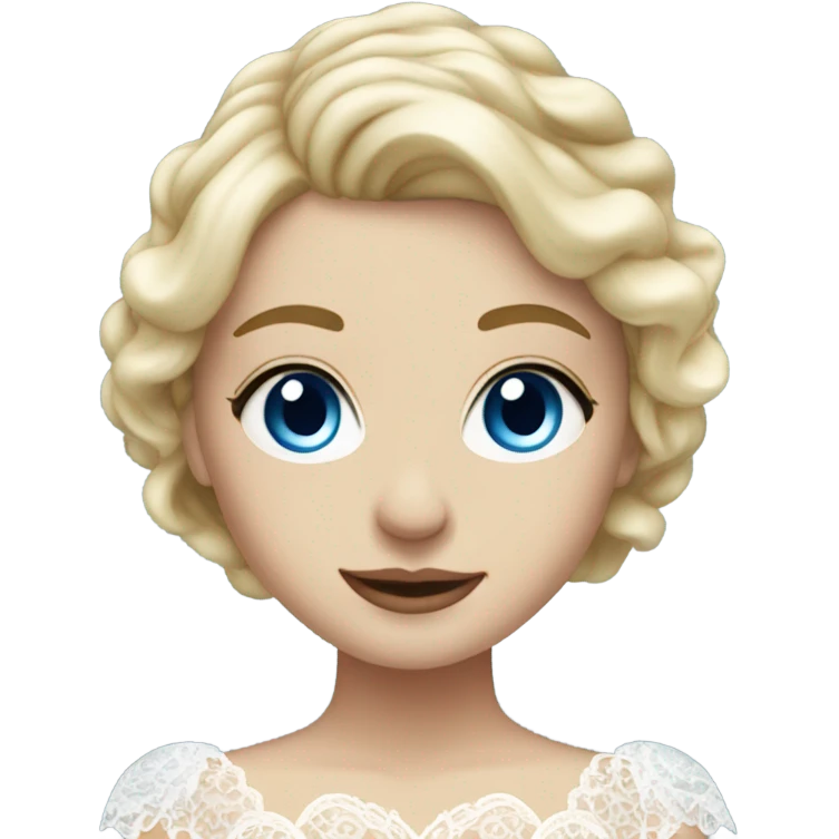 Beautiful blond girl with blue eyes and laced wedding dress from height  emoji