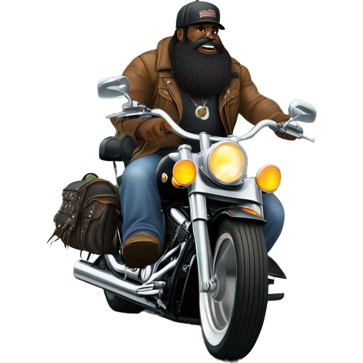 Black heritage softail with front jammer and leather saddle bags and lots of chrome and ape hangers and a long bearded guy with ball cap riding it on a country road emoji