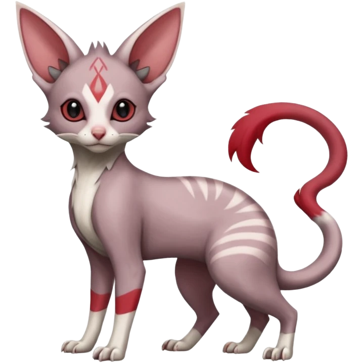 Minccino-Lykoi-Emolga-Sphynx-Linoone-Zangoose-fusion-hybrid-animal-Fakémon-creature, full body, thin long sleek scaly tail, intricate markings emoji