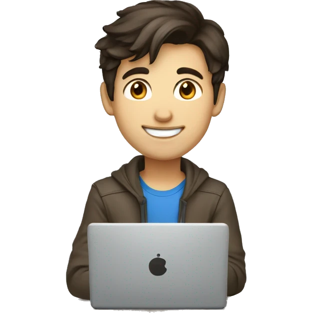 Young design engineer, dark brown hair, good smile, using laptop emoji