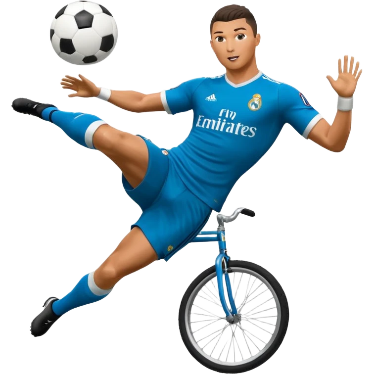 Ronaldo doing a bicycle kick with football in mid air While wearing a Retro blue Real madrid kit and yes i want it to be exactly the same as he Scored it in 2018 vs Juventus  emoji