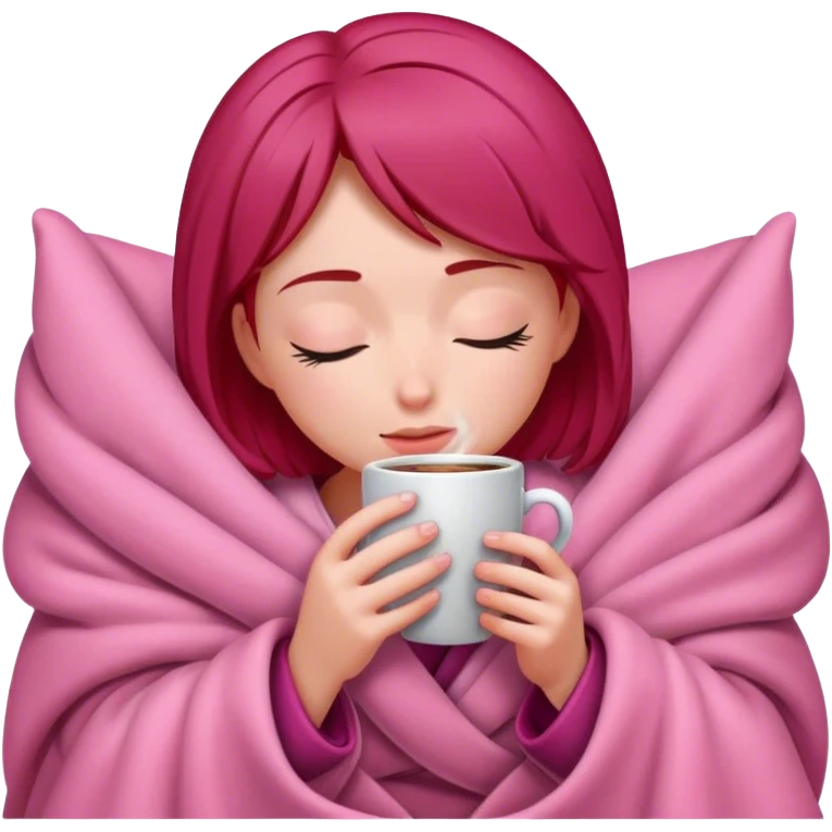 Short cherry haired girl inside a pink blanket sipping coffee eyes closed emoji