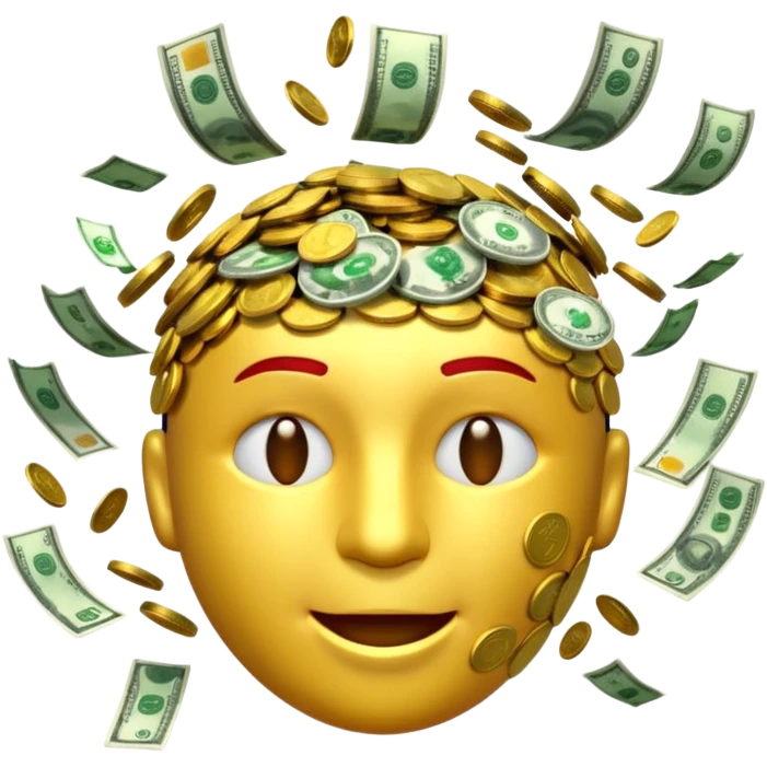 3D glossy money emoji, cracked head, coins and bills burst upward, perfect loop, centered, chroma green background emoji