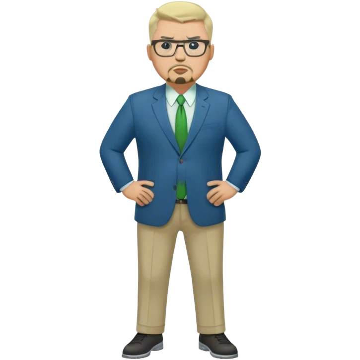 Full Body white male plus size wearing glasses with a goatee with light blonde and gray very short hair angry head Coach in blue and green suit emoji