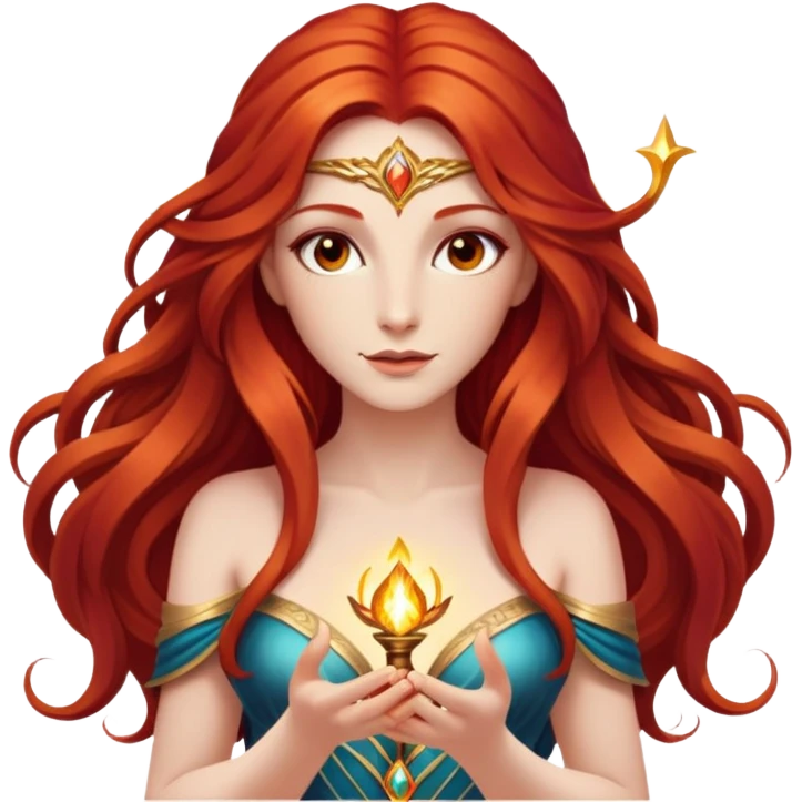   Magic God Fee femme avec des cheveux très long roux, yeux marrons belle comme une déesse avec un beau corps qui a de la magie tout autour d’elle  emoji