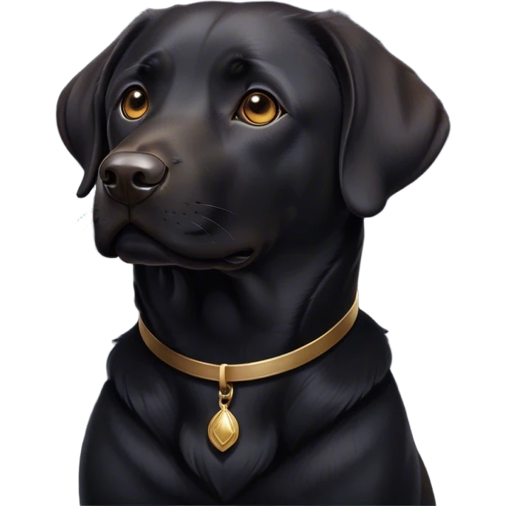 Cinematic Noble Black Labrador Portrait Emoji, Poised and regal, with a robust, muscular build and a sleek, shiny pure black Fur, deep-set soulful brown eyes, Simplified yet sharp and sophisticated features, highly detailed, glowing with a soft, dignified glow, high shine, intelligent and gentle, stylized with an air of confidence, focused and attentive, soft glowing outline, capturing the essence of a watchful and loving companion, so majestic it feels as though it could bound out of the screen with effortless authority! emoji