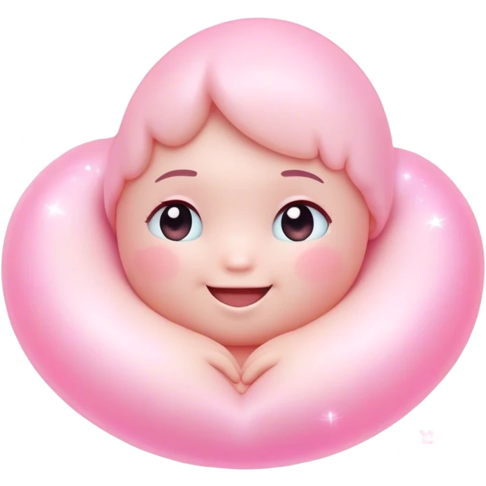 Cinematic floating soft heart, chubby round edges, pastel pink glow, tiny smiling face, surrounded by dreamy sparkles, gentle and loving. emoji