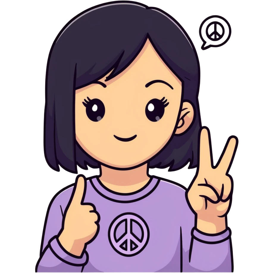 lightskin young girl with black straight hair and dark eyes, making a peace sign, cute emoji