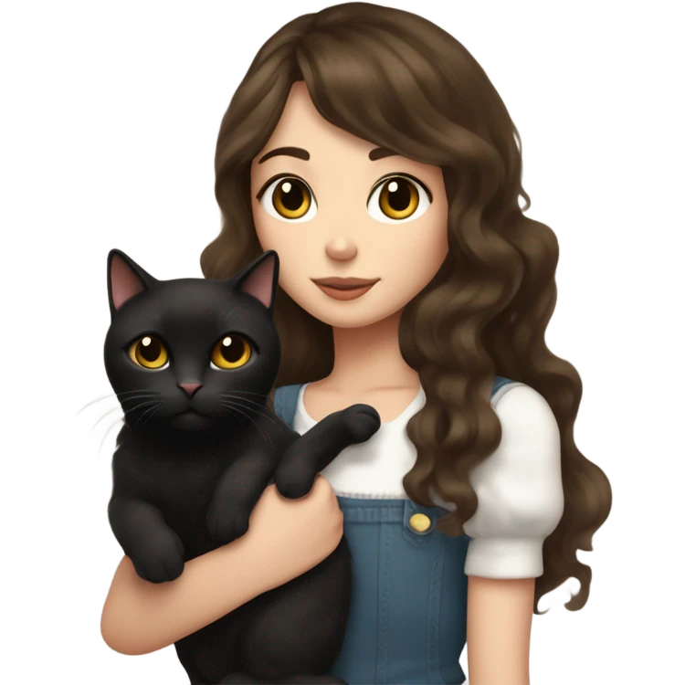 tall skinny brunette haired girl with brown eyes medium wavy hair and curtain bangs holding fat black cat with white spot on its belly emoji