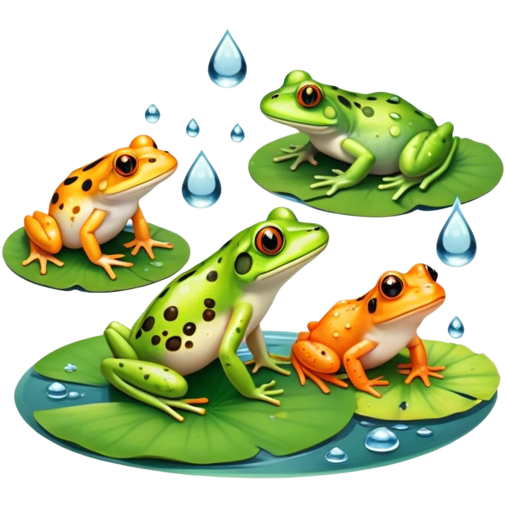Icon for Amphibians: A colorful collage with various amphibians like a bright green frog sitting on a lily pad, a small salamander with orange spots, and a toad with bumpy skin. Water droplets around them and a pond in the background. Transparent background. emoji