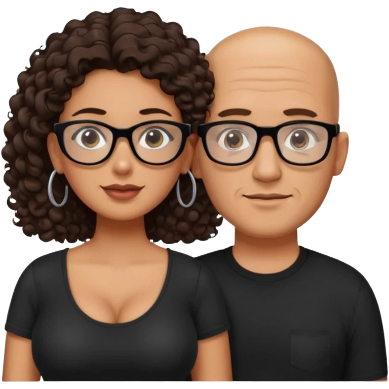 A picture of a tanned couple. the man is a Mexican man with tanned skin, with a bald hair cut, short beard and wearing a black shirt, no glasses. the woman is wearing rectangle shaped glasses, with long curly dark brown hair and with big boobs  emoji