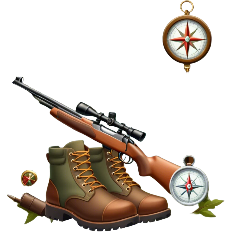 emoji for Hunting Tourism: a hunting rifle, hunting boots and a compass on a forest background, with a silhouette of wildlife in the distance. The icon should capture the adventure and connection with nature in hunting tourism. Transparent background. emoji