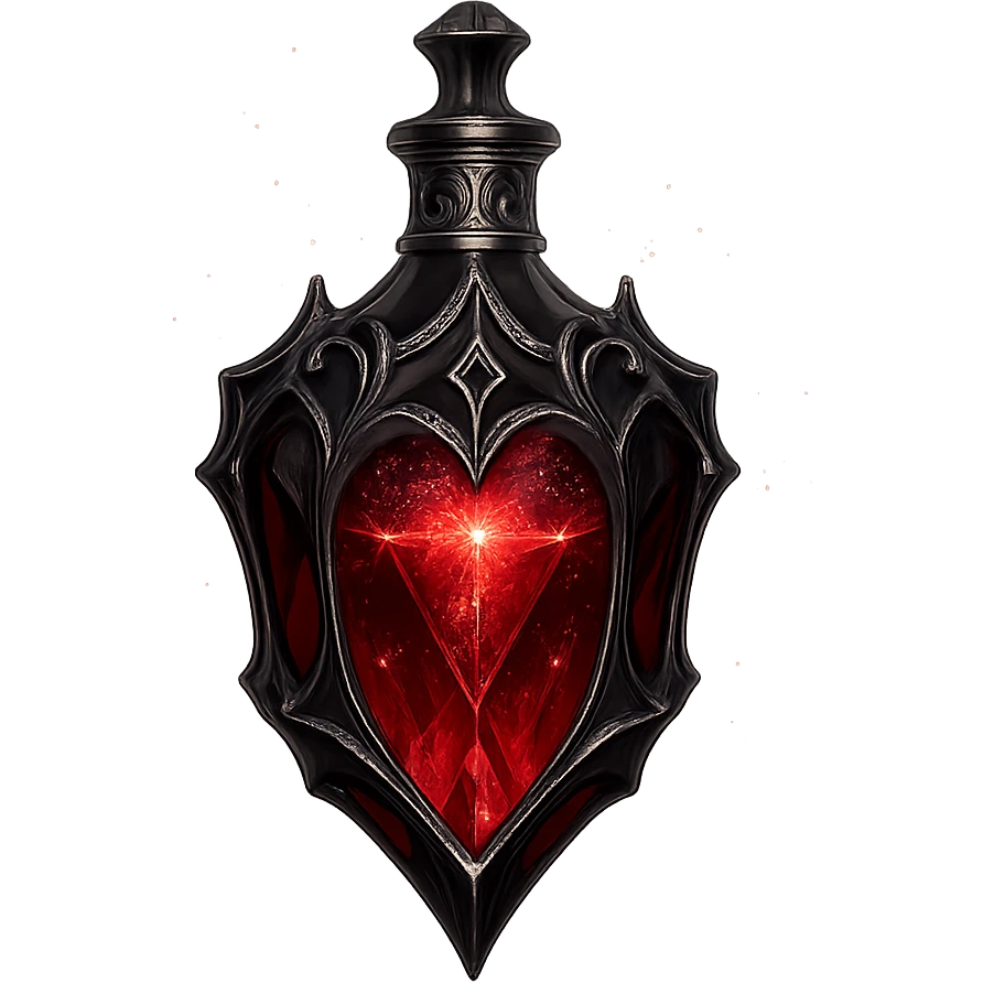 gothic vampire drink elixir bottle, dark red color, black and silver ornate details, sharp edgy facets, intense magical glowing and sparkling effects, very small neck, seamless bottom, transparent background, floating, no base or shadow, modern, matching a collection emoji