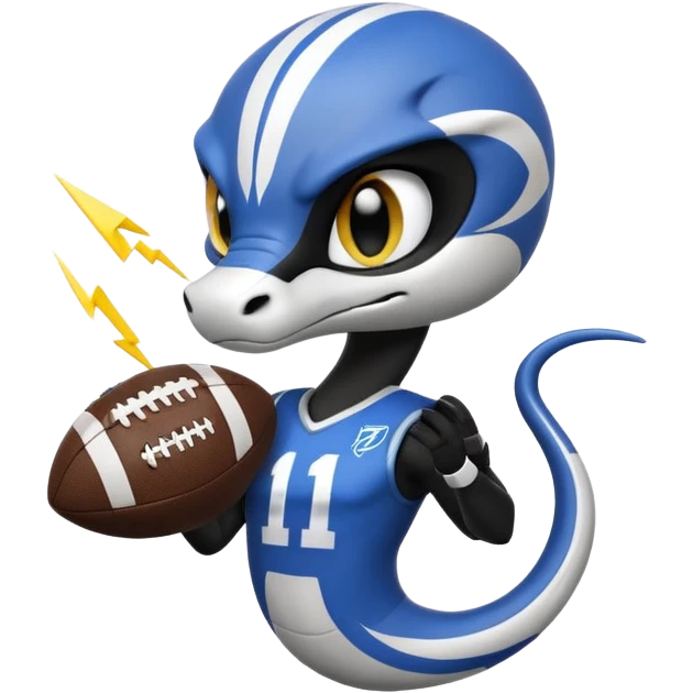 Кобра с чёрными и белыми глазами и чёрной и белой молниями из глаз. У неё чёрно-белая футбольная форма с надписью FangElite emoji