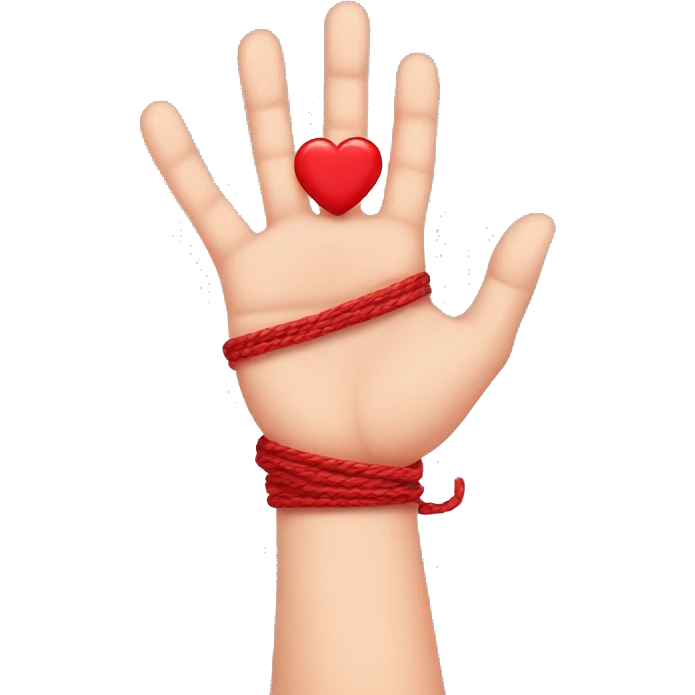 a hand with red string tied up to the pinky finger which shows a loving heart to the red thread of fate emoji